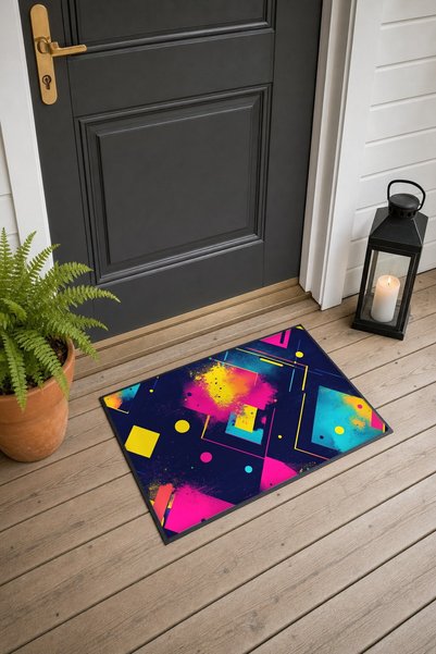 PaintedAnarchy Navy, Neon Pink, Memphis Checked Doormat, 40x60 cm, Non-Slip S...