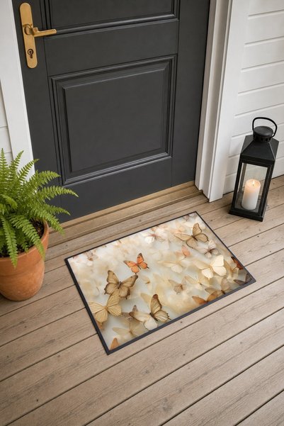 PaintedAnarchy White and Orange Butterfly-Patterned 580 Doormat, 40x60 cm, wi...