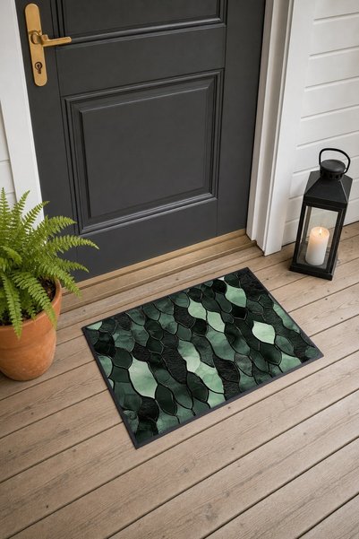 PaintedAnarchy Dark Green Fish-Scale Patterned Doormat, 40x60 cm, with Non-Sl...