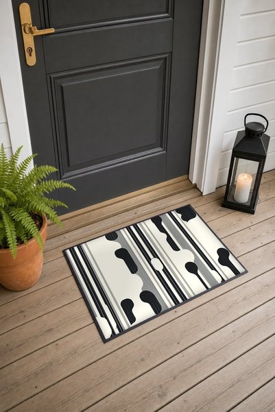 PaintedAnarchy Cream and Black Vertical Stripe Abstract Patterned Doormat, 40...