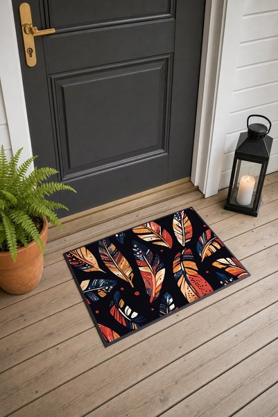 PaintedAnarchy Black Copper Boho Feather-Patterned Doormat, 40x60 cm, with No...