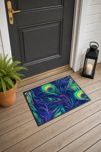 PaintedAnarchy Navy Blue, Neon Green, Peacock Feather-Patterned Doormat, 40x6...