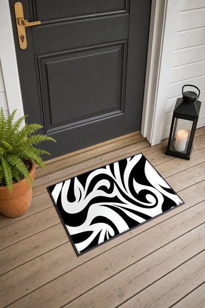 PaintedAnarchy Black and White Wavy Op Art Patterned Doormat, 40x60 cm, with ...
