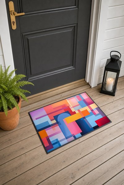 PaintedAnarchy Pink and Blue Geometric Patterned 290 Doormat, 40x60 cm, with ...