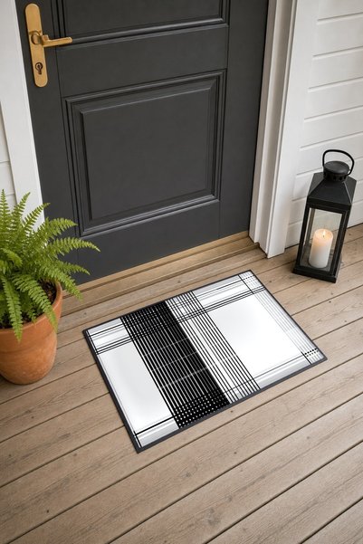 PaintedAnarchy Black and White Plaid and Striped Pattern Doormat, 40x60 cm, w...
