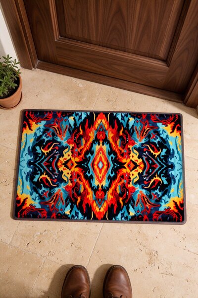 PaintedAnarchy Red and Blue Abstract Turkish Rug-Patterned Doormat, 40x60 cm,...
