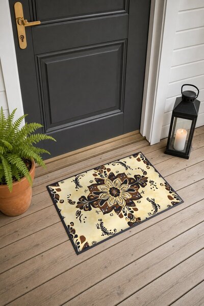 PaintedAnarchy Cream-Brown Mandala Floral Print Doormat, 40x60 cm, with Non-S...