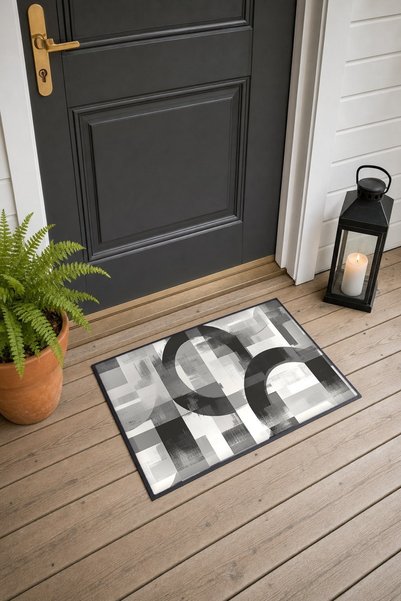 PaintedAnarchy Gray and Black Door Mat with Circular Pixel Pattern, 40x60 cm,...