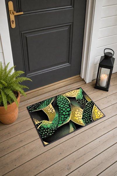PaintedAnarchy Green and Yellow Snake-Scale Spiral-Patterned Doormat, 40x60 c...
