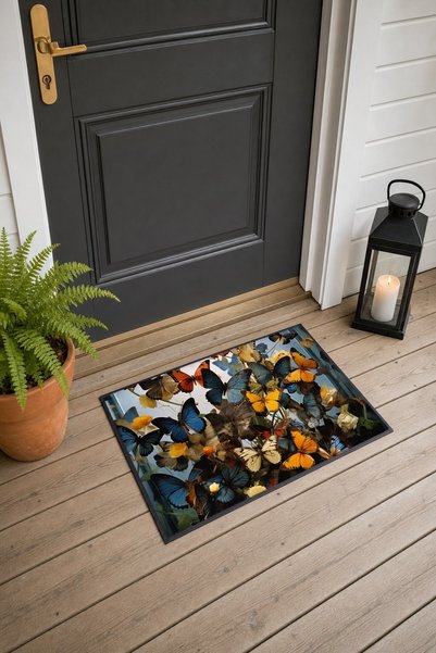 PaintedAnarchy Blue and Yellow Butterfly-Patterned Doormat, 40x60 cm, with No...