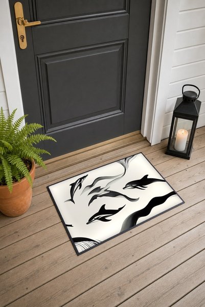 PaintedAnarchy Cream Black Dolphin Ink-Patterned Doormat, 40x60 cm, with Non-...