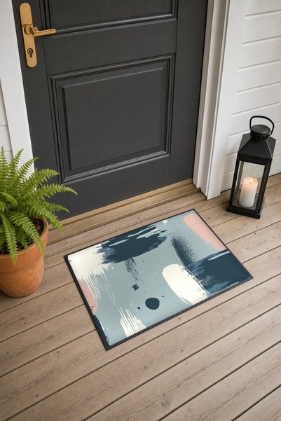 PaintedAnarchy Gray and Navy Blue Door Mat with Minimal Patterned Brushstroke...