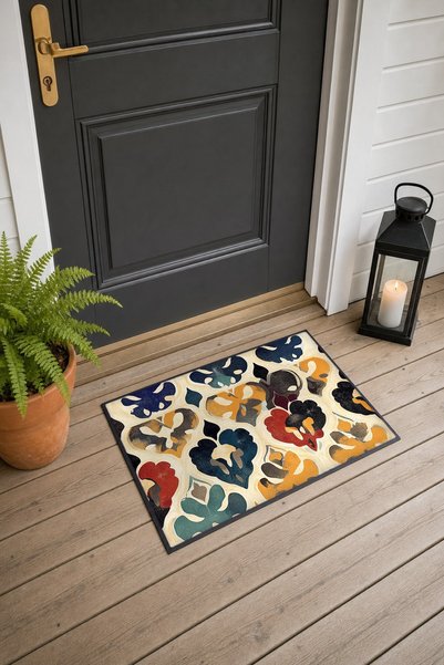 PaintedAnarchy Cream-Colored Damask Leaf-Patterned Doormat, 40x60 cm, with No...