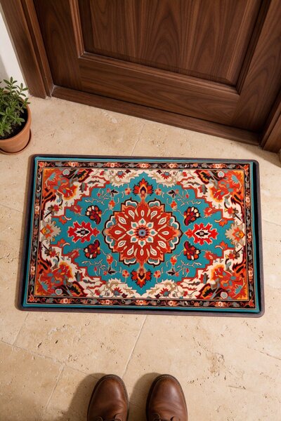 PaintedAnarchy Turquoise and Red Flowers Turkish Rug-Patterned Doormat, 40x60...