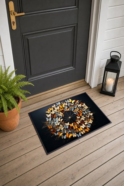 PaintedAnarchy Orange and Blue Butterfly-Patterned 514 Doormat, 40x60 cm, wit...