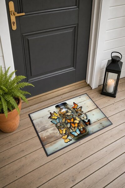 PaintedAnarchy Orange and Blue Butterfly-Patterned 435 Doormat, 40x60 cm, wit...