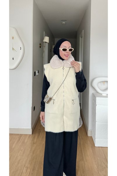 NİLNUR MODA VESTĂ PLUȘATĂ CU GULER DIN BLANĂ DE ANGORA PENTRU FEMEI, CU FERMO...