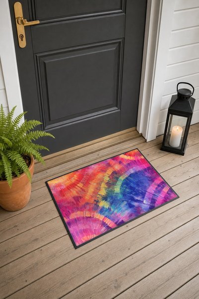 PaintedAnarchy Pink and Orange Batik Print Door Mat with Circle Pattern, 40x6...