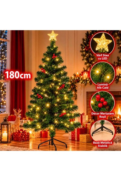 Reduceri Engros Brad artificial de Crăciun de 180 cm, LED alb cald în formă d...