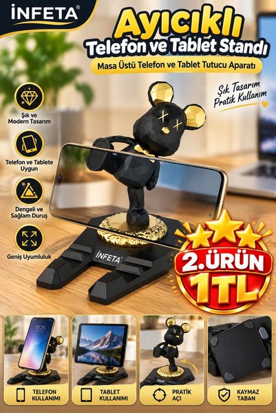 İnfeta Black Gold Teddy Bear Print Desktop Phone and Tablet Holder Stand—Deco...