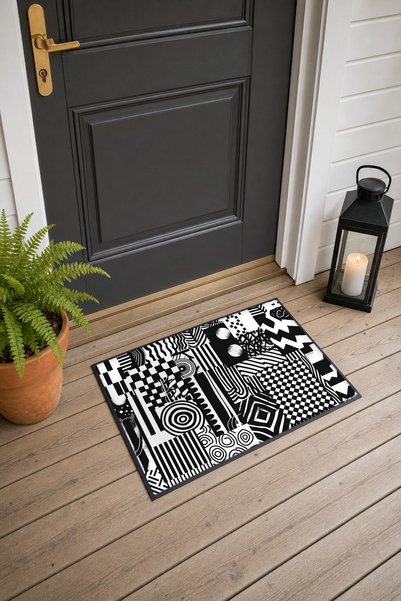 PaintedAnarchy Black and White Abstract Patterned 917 Doormat, 40x60 cm, Non-...