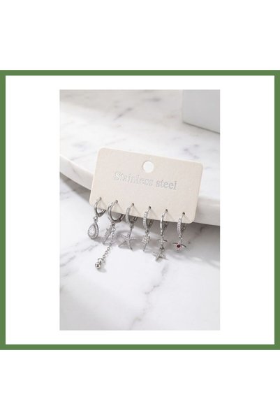 Hobibahçem 316L Stainless Steel Silver-Colored Women's Earring Set with Star ...