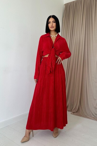 WeShaya Red Corduroy Shirt and Long Skirt Set