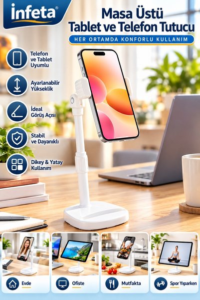 İnfeta White Adjustable Desktop Phone and Tablet Holder Stand with Telescopic...