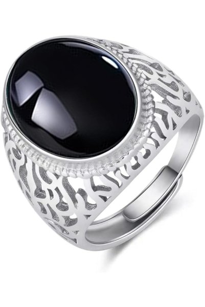 ASKIND Hollow Out Design Mens Silver Ring with Natural Oval Agate Stone, Adju...