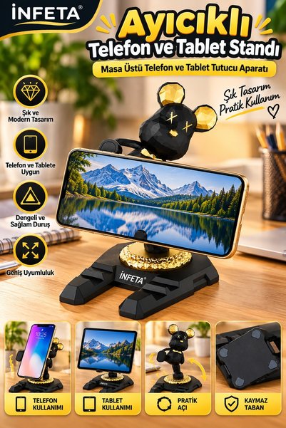 İnfeta Black Gold Teddy Bear Print Desktop Phone and Tablet Holder Stand—Deco...