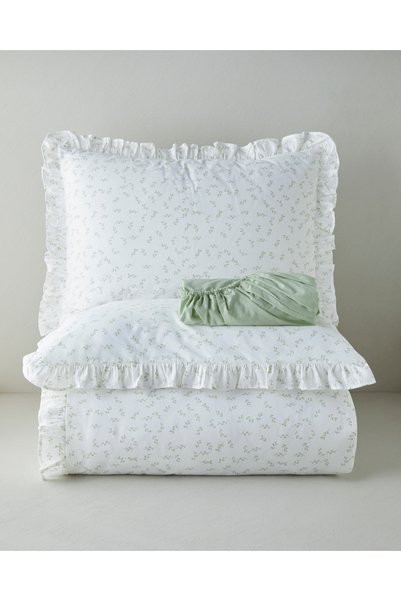 English Home Leafy Fırfırlı Pamuk King Size Çarşaflı Nevresim Takımı 240x220 cm Yeşil