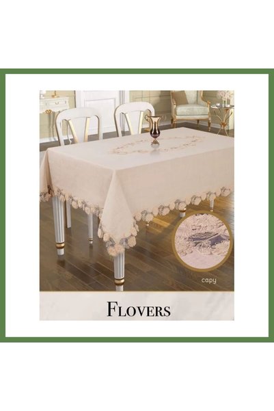 Hobibahçem Linen 3D-Embroidered Single Tablecloth, 160x260 cm, Lace Embroider...