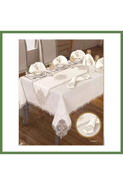 Hobibahçem Elegant Linen Cream-Silver 12-Person 26-Piece 160 × 260 cm Table R...
