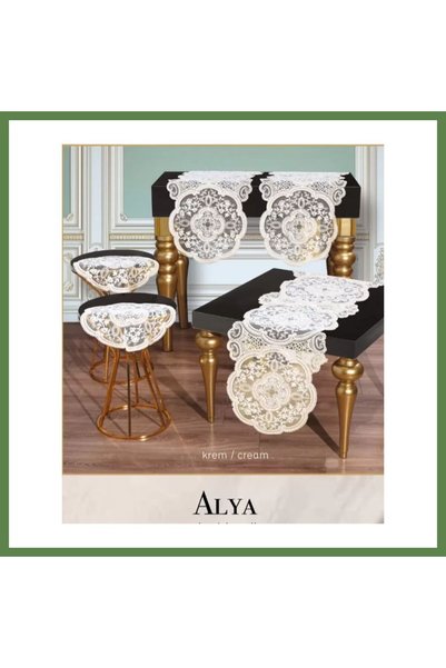 Hobibahçem 5-Piece Alya Living Room Set with Cream-Colored Lace Tablecloth an...