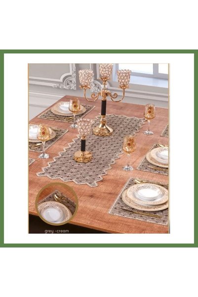 Hobibahçem Wicker Placemat Set, Gray-Beige, 6-Person, 7-Piece Modern Dining T...