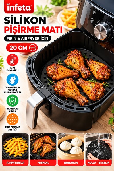 İnfeta Black 20 cm Round Perforated Silicone Air Fryer and Oven Baking Mat—He...