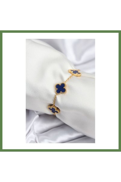 Hobibahçem 316L Stainless Steel Chain, Gold-Toned, Navy Blue Clover Women's B...