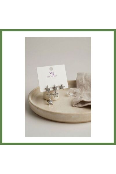 Hobibahçem Silver-Toned Brass Star-Shaped Dangle Earring Set for Women HB006