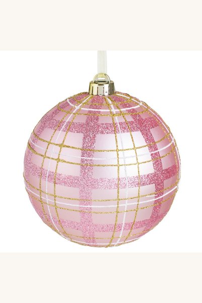Comerivo Glob de brad roz mat cu carouri aurii si albe, sclipici, 15 cm, pent...