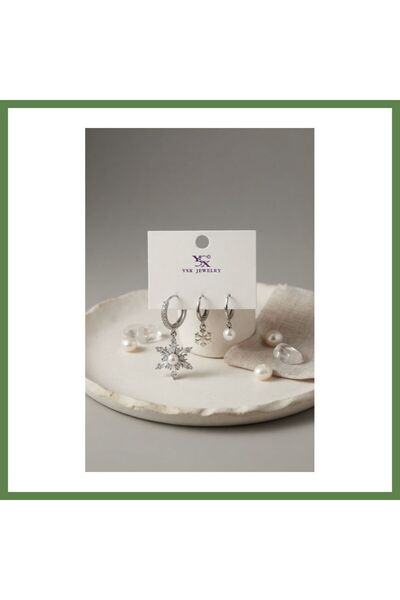 Hobibahçem Silver-Tone Rice-Shaped Snowflake Modal Women's Earring Set HB006