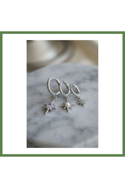Hobibahçem Set of 3 Earrings, Silver-Colored North Star Design, Model HB006