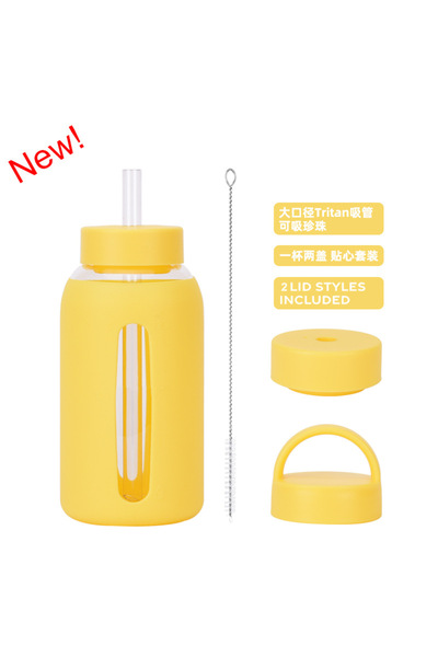 Generic Glass Water Bottle 600ml Silicone Sleeve Dual Lid for Bubble Tea Outdoor