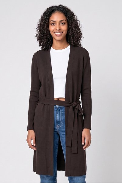 Cable&Gauge Women Open Ribbed Long Cardigan, Dark Brown