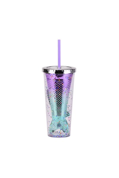 Generic Double Wall Plastic Mermaid Tail Straw Cup Electroplated Sequin Tumbler