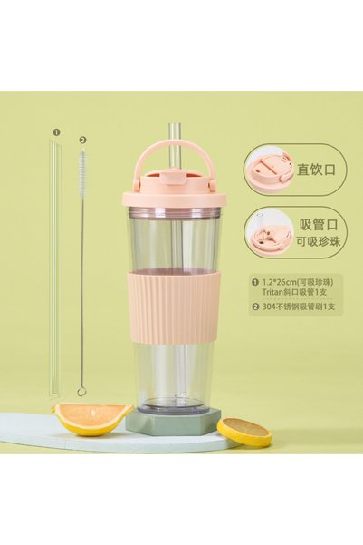 Generic كوب بلاستيكي مزدوج الجدار مع شفاطة واسعة سعة 710 مل، غطاء بوبا، مزدوج...