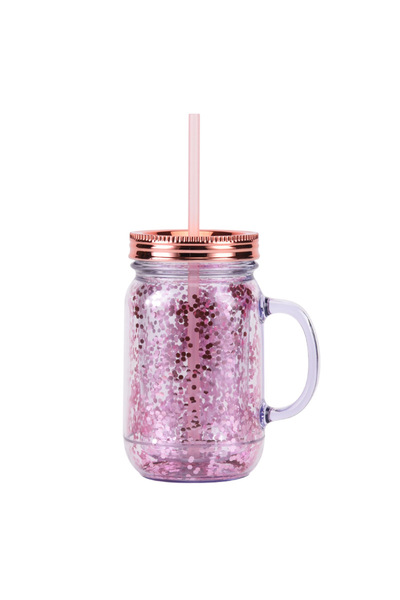 Generic Double Wall Plastic Mason Jar Cup Glitter Handle Straw Travel Tumbler