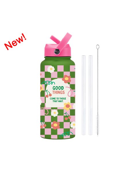 Generic Stainless Steel Insulated Sports Water Bottle 1L Printed Straw Handle...