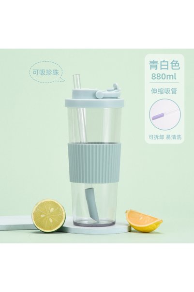 Generic كوب تريتان مع مقبض وغطاء وشفاط تلسكوبي سعة 880 مل لشاي الفقاعات