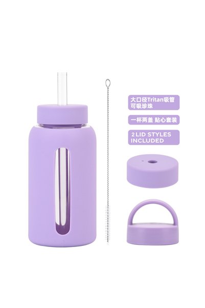 Generic Glass Water Bottle 600ml Silicone Sleeve Dual Lid for Bubble Tea Outdoor