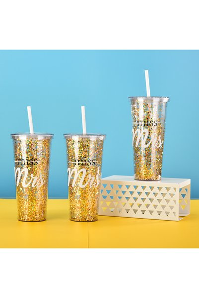 Generic Double Wall Plastic Straw Cup 700ml Glitter Sequin Wedding Tumbler